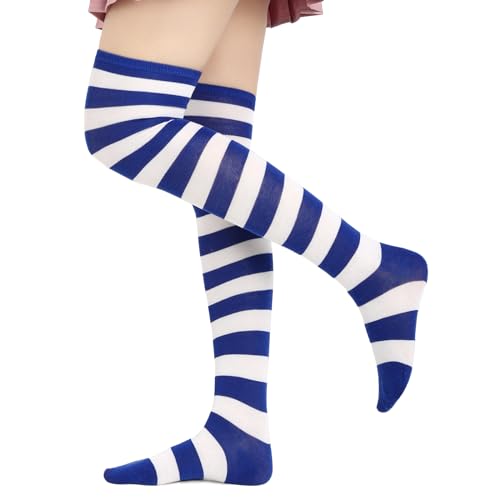 DAZCOS Striped Thigh High Socks Elastic Over The Knee Knit Stockings for Daily or Anime Cosplay (Blue + White) - Image 1