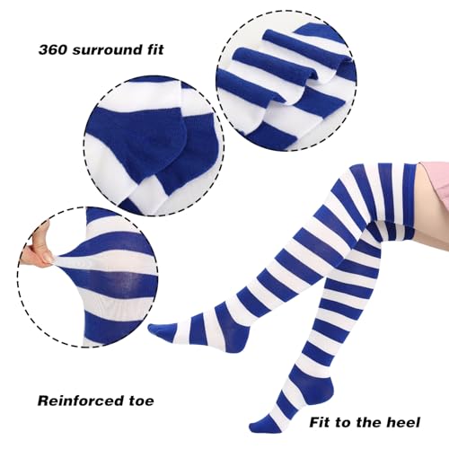 DAZCOS Striped Thigh High Socks Elastic Over The Knee Knit Stockings for Daily or Anime Cosplay (Blue + White) - Image 2