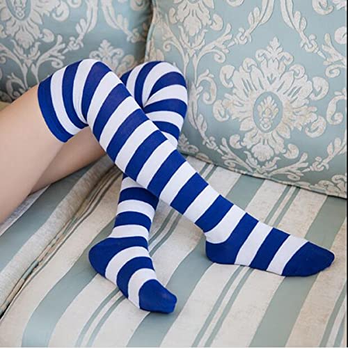 DAZCOS Striped Thigh High Socks Elastic Over The Knee Knit Stockings for Daily or Anime Cosplay (Blue + White) - Image 5