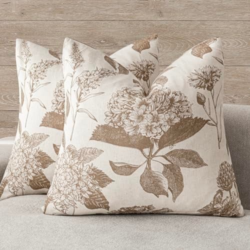 Foindtower Set of 2 Linen Floral Throw Pillow Covers Vintage Accent Print Decorative Cushion Covers Farmhouse Boho Home Decor for Sofa Chair Couch Bedroom Living Room2020 InchLight Brown - Image 1