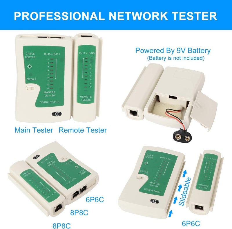SMARTTECH Pass Through crimping tool for RJ45 Network Cable Cut Strip Crimp Crimper With Cable Tester RJ45 Cat6 Connector(20),Boots Cover(20) (Passthrough Tool Kit with Cable Tester) - Image 5