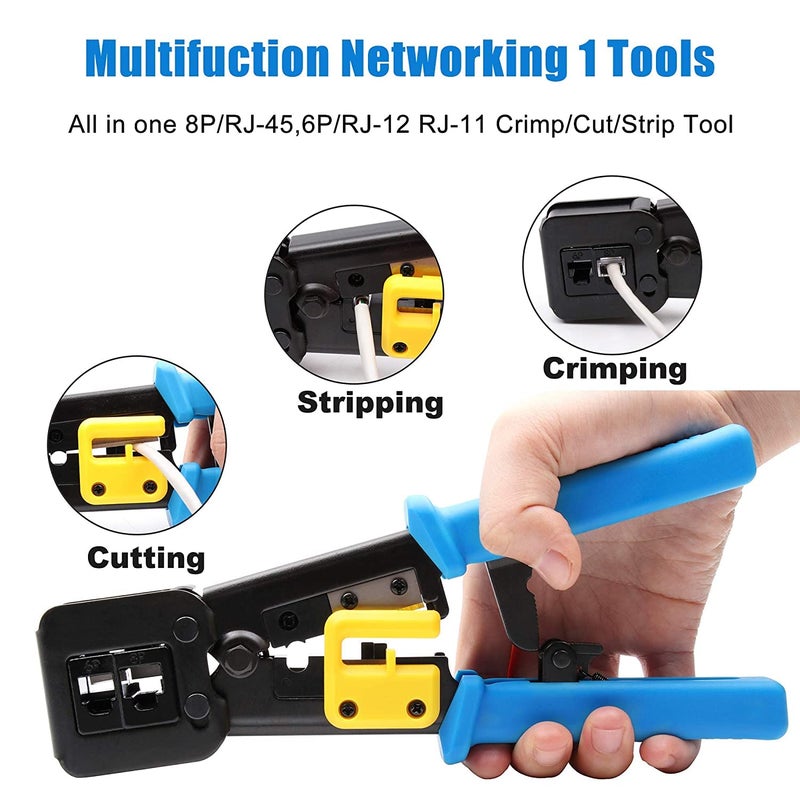 SMARTTECH Pass Through crimping tool for RJ45 Network Cable Cut Strip Crimp Crimper With Cable Tester RJ45 Cat6 Connector(20),Boots Cover(20) (Passthrough Tool Kit with Cable Tester) - Image 3