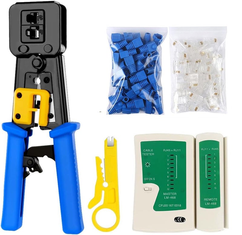 SMARTTECH Pass Through crimping tool for RJ45 Network Cable Cut Strip Crimp Crimper With Cable Tester RJ45 Cat6 Connector(20),Boots Cover(20) (Passthrough Tool Kit with Cable Tester) - Image 1