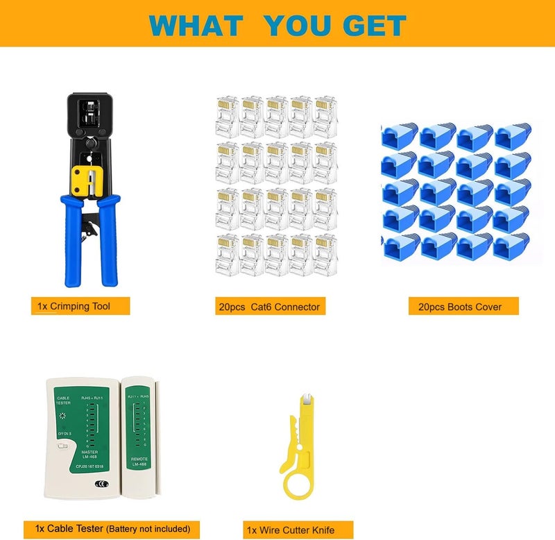 SMARTTECH Pass Through crimping tool for RJ45 Network Cable Cut Strip Crimp Crimper With Cable Tester RJ45 Cat6 Connector(20),Boots Cover(20) (Passthrough Tool Kit with Cable Tester) - Image 4