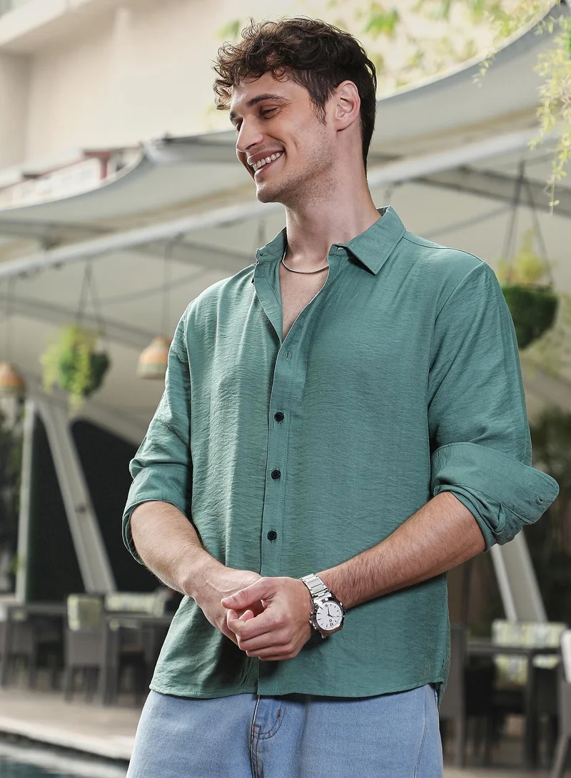 كامبوس سوترا Men's Sea Green Breezy Wrinked Shirt