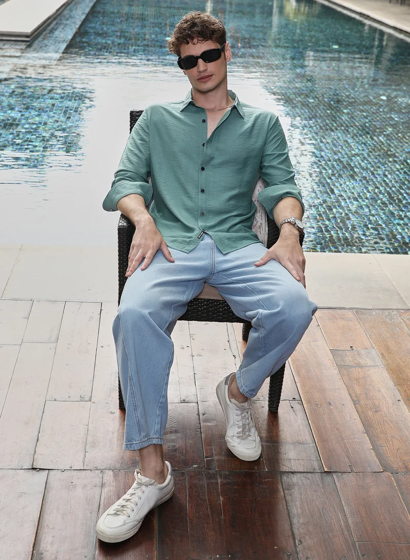 كامبوس سوترا Men's Sea Green Breezy Wrinked Shirt