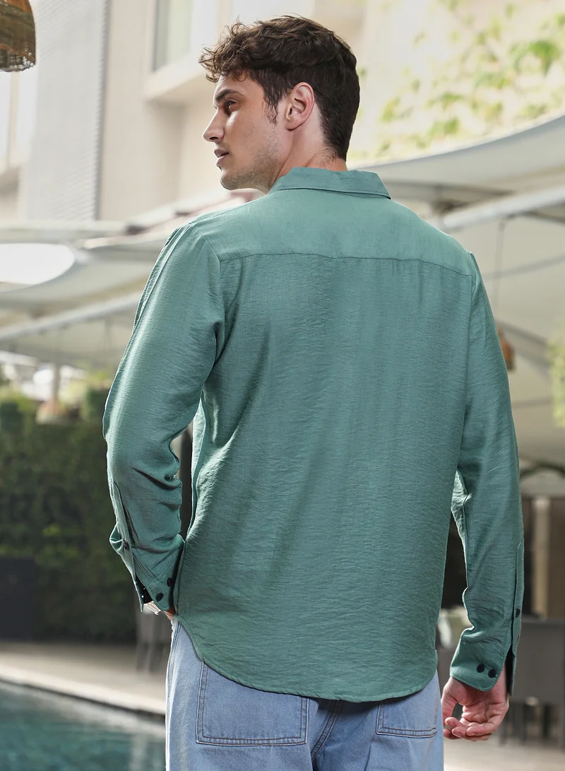 كامبوس سوترا Men's Sea Green Breezy Wrinked Shirt