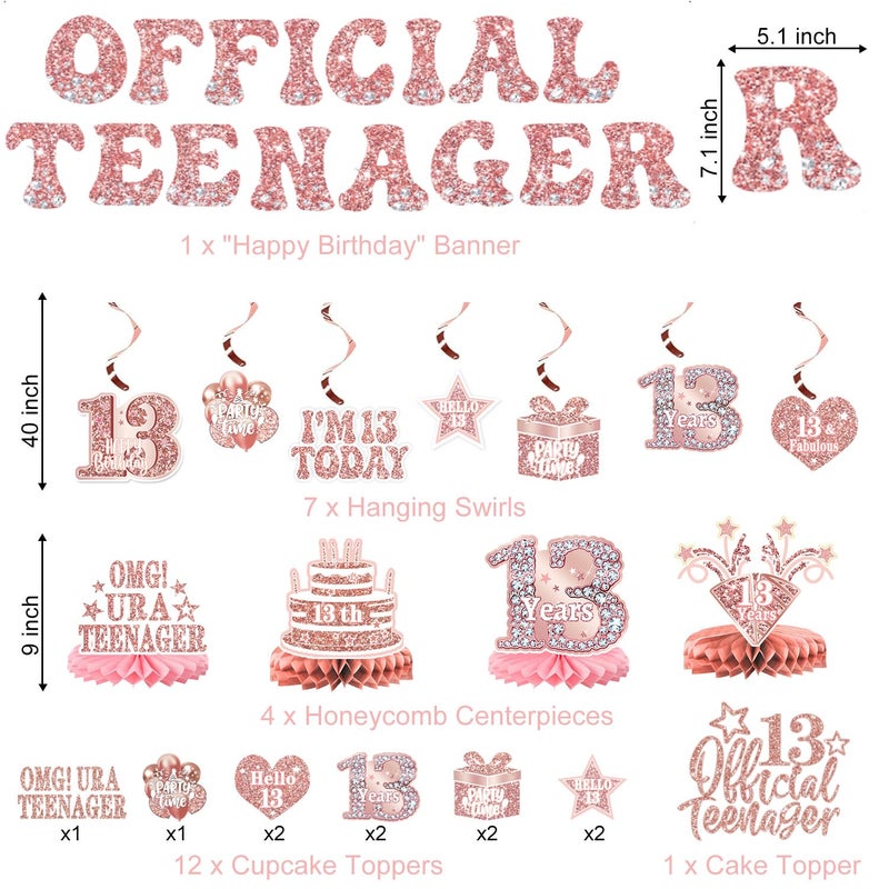 QIYANPAX 13th Birthday Decorations for Girls â€“ 53pcs Official Teenager Decorations Backdrop, Banner, Honeycomb Centerpieces, Hanging Swirls, Foil & Latex Balloon, Cake & Cupcake Toppers, Sash, Pom Poms - Image 2