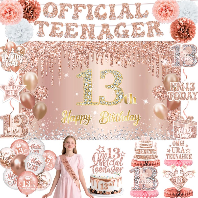 QIYANPAX 13th Birthday Decorations for Girls â€“ 53pcs Official Teenager Decorations Backdrop, Banner, Honeycomb Centerpieces, Hanging Swirls, Foil & Latex Balloon, Cake & Cupcake Toppers, Sash, Pom Poms - Image 1