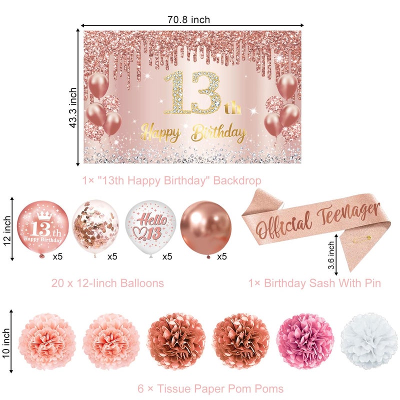 QIYANPAX 13th Birthday Decorations for Girls â€“ 53pcs Official Teenager Decorations Backdrop, Banner, Honeycomb Centerpieces, Hanging Swirls, Foil & Latex Balloon, Cake & Cupcake Toppers, Sash, Pom Poms - Image 3