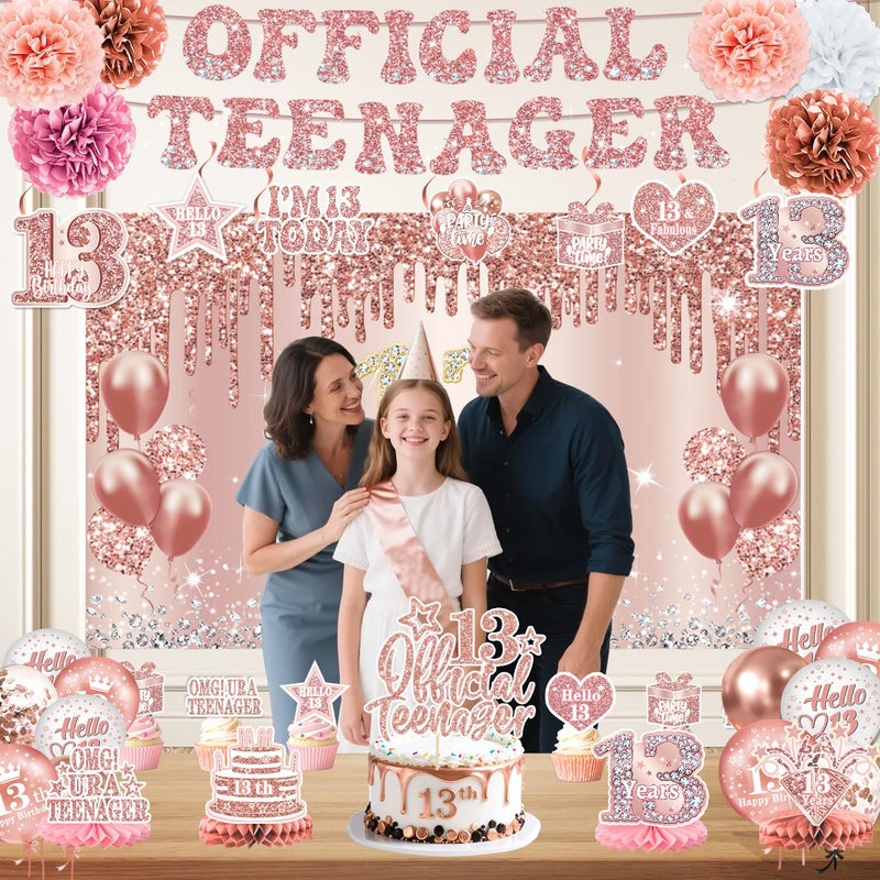 QIYANPAX 13th Birthday Decorations for Girls â€“ 53pcs Official Teenager Decorations Backdrop, Banner, Honeycomb Centerpieces, Hanging Swirls, Foil & Latex Balloon, Cake & Cupcake Toppers, Sash, Pom Poms - Image 5