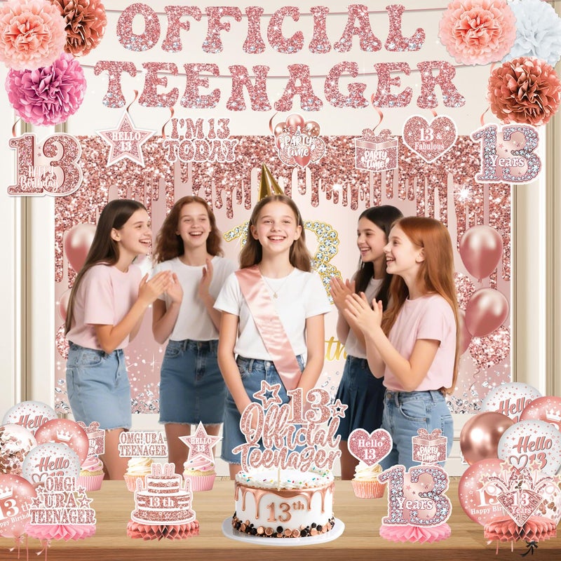 QIYANPAX 13th Birthday Decorations for Girls â€“ 53pcs Official Teenager Decorations Backdrop, Banner, Honeycomb Centerpieces, Hanging Swirls, Foil & Latex Balloon, Cake & Cupcake Toppers, Sash, Pom Poms - Image 4
