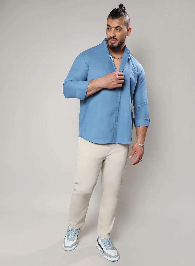 Instafab Plus Instafab Plus Men's Electric Blue Classic Button- Up Shirt For Casual Wear | Mandarin Collar | Long Sleeve | Button Closure | Shirt Crafted With Comfort Fit For Everyday Wear