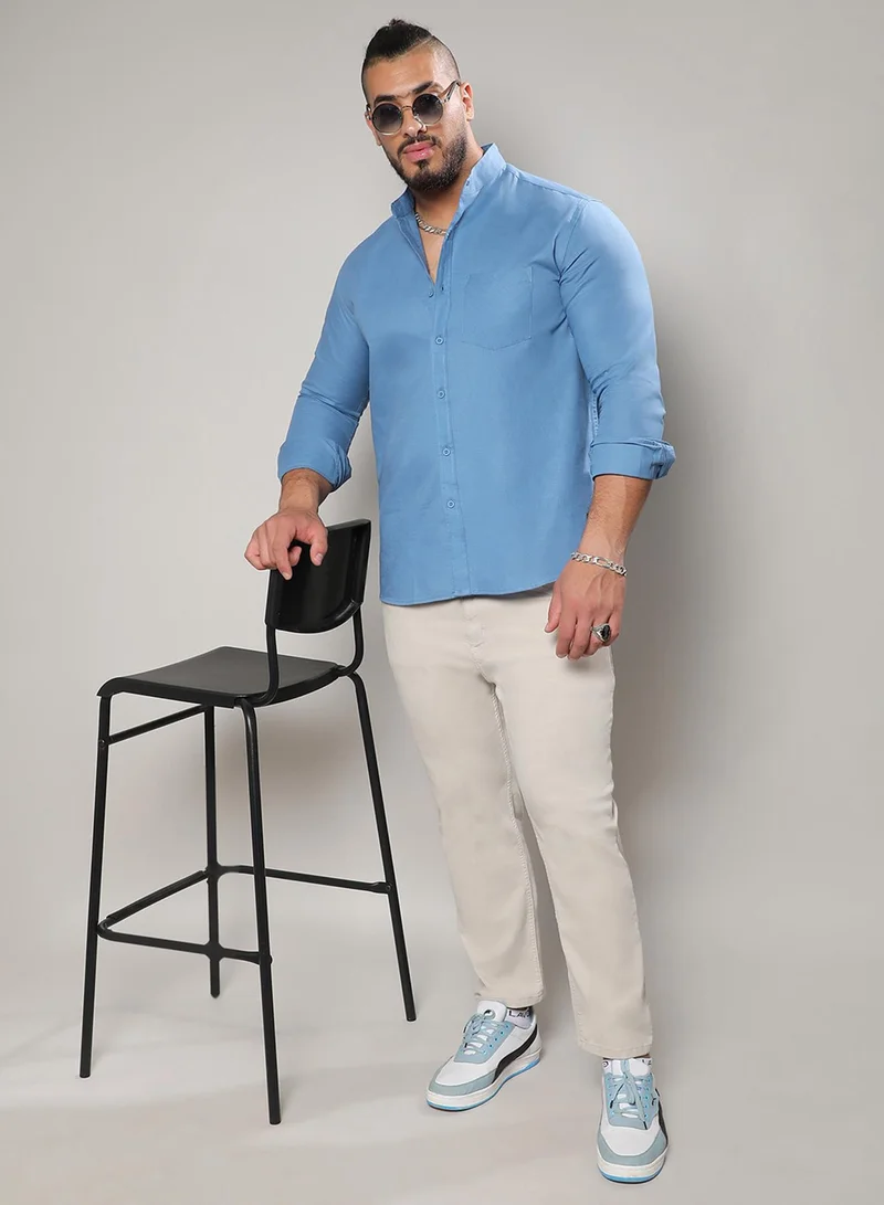 Instafab Plus Instafab Plus Men's Electric Blue Classic Button- Up Shirt For Casual Wear | Mandarin Collar | Long Sleeve | Button Closure | Shirt Crafted With Comfort Fit For Everyday Wear