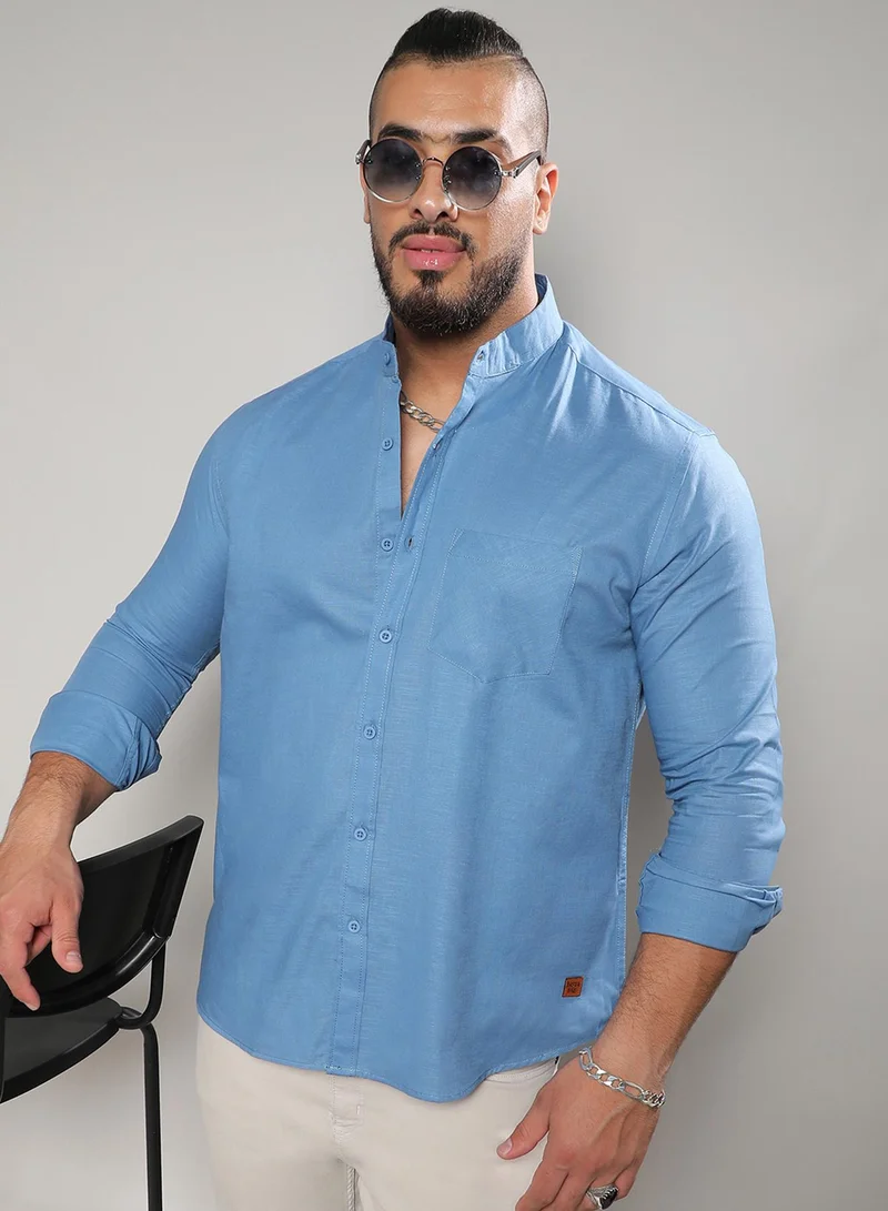 Instafab Plus Instafab Plus Men's Electric Blue Classic Button- Up Shirt For Casual Wear | Mandarin Collar | Long Sleeve | Button Closure | Shirt Crafted With Comfort Fit For Everyday Wear