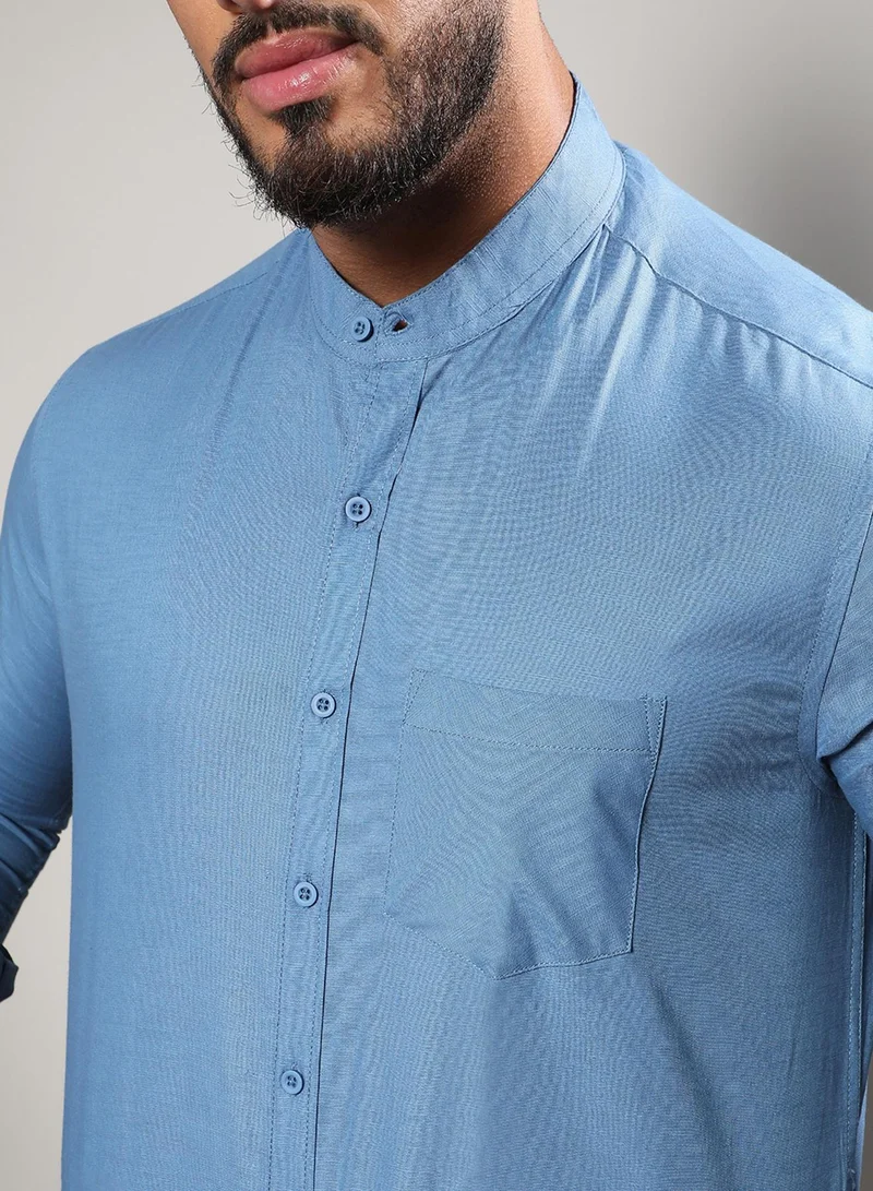 Instafab Plus Instafab Plus Men's Electric Blue Classic Button- Up Shirt For Casual Wear | Mandarin Collar | Long Sleeve | Button Closure | Shirt Crafted With Comfort Fit For Everyday Wear