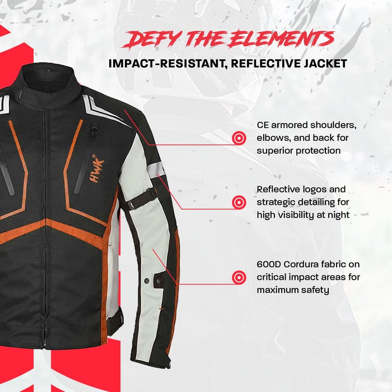 HWK Scorpion Motorcycle Jacket for Men & Women, Motorcycle Gear with Body Armor Foam Padding and Breathable Cordura Fabric, Reflective Motor Bike Jacket for Improved Night Visibility - Orange, Small - Image 3