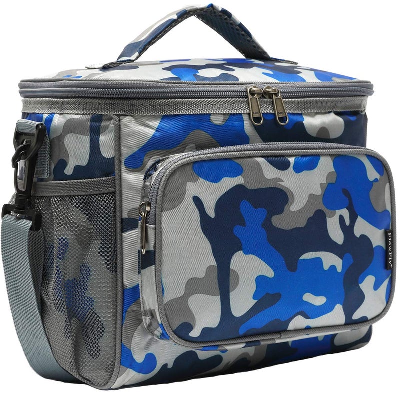FlowFly Insulated Reusable Lunch Bag Adult Large Lunch Box for Women and Men with Adjustable Shoulder StrapFront Zipper Pocket and Dual Large Mesh Side PocketsBlueCamo