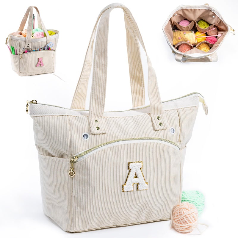 MYBAGZING Initial Personalized Crochet Bag Tote Corduroy Yarn Bag Storage Yarn Holder for Crocheting Crochet Organizer for Crochet Hooks Crochet AccessoriesProject Bag Knitting Bag Crochet Lover Gift - Image 2