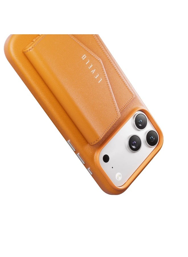 ليفيلو جراب ماج سيف لهاتف آيفون 17 برو ماكس مع محفظة فيرتكس قابلة للفصل من جلد البولي يوريثان / حواف مرتفعة للكاميرا والشاشة / مقاوم للصدمات / غطاء خلفي من الجلد بالكامل - برتقالي - Image 2