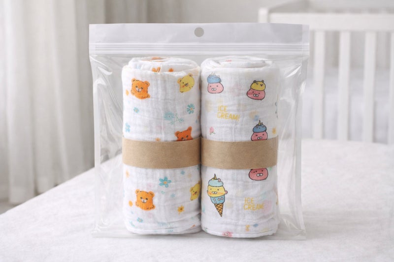 Pack of 2 - Baby Muslin Swaddle Blanket - Soft Cotton Breathable Wrap, Ice Cream & Cute Animals Print - White (100x100 cm) - Image 4