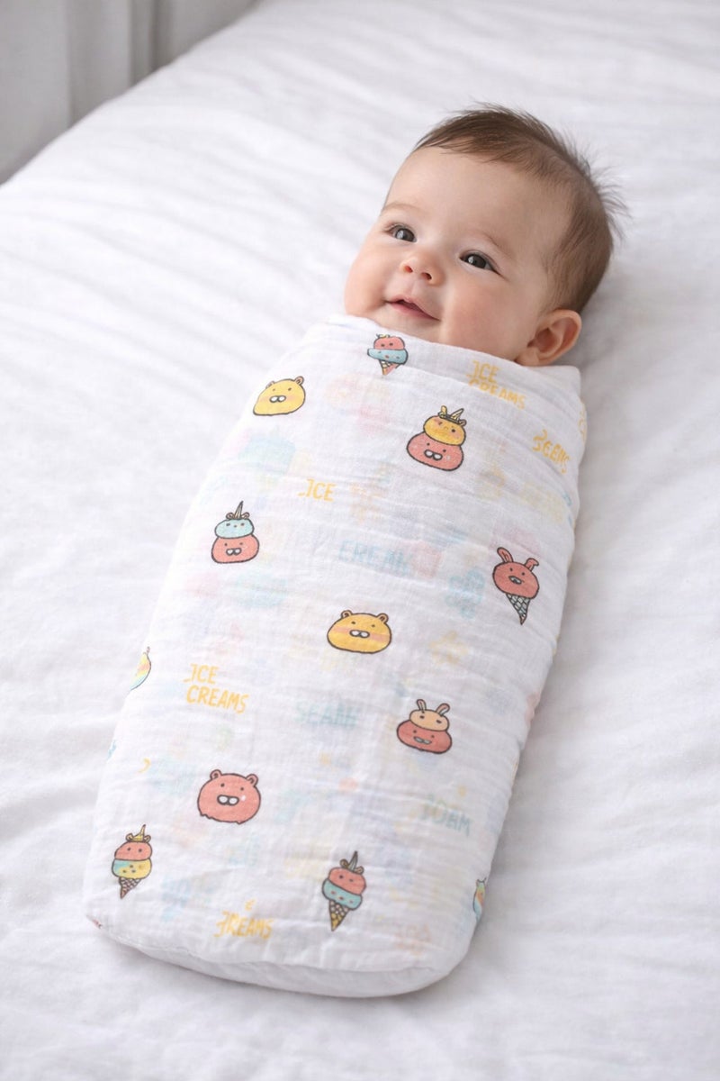 Pack of 2 - Baby Muslin Swaddle Blanket - Soft Cotton Breathable Wrap, Ice Cream & Cute Animals Print - White (100x100 cm) - Image 3