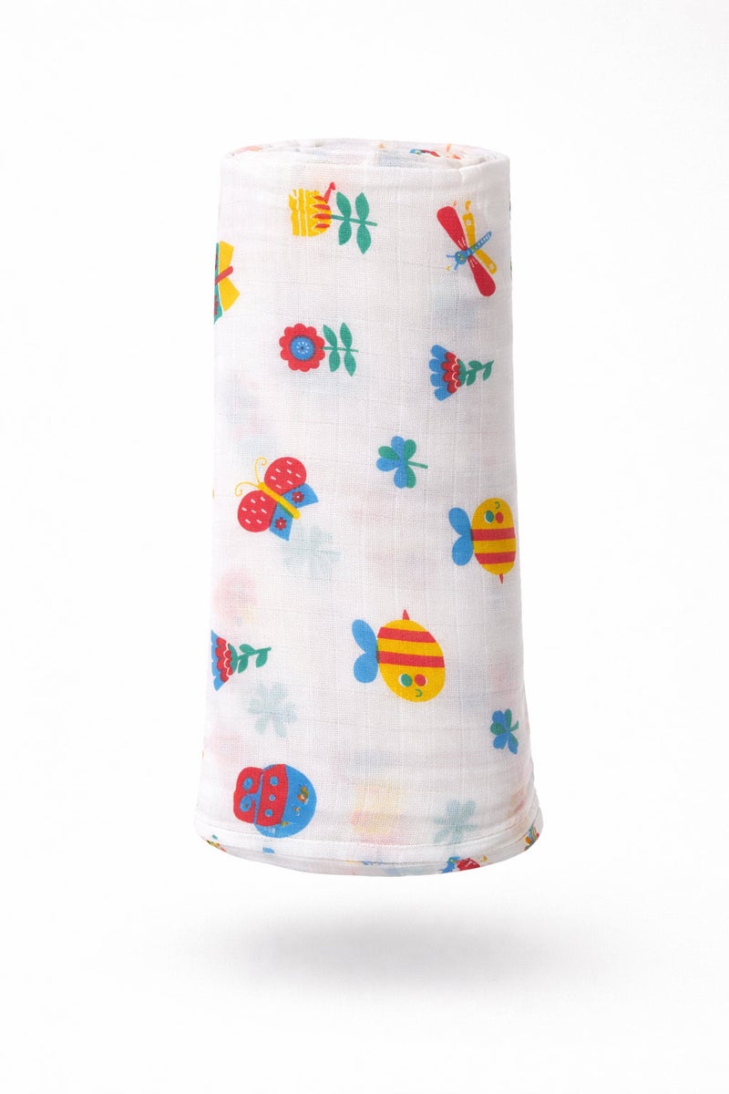 Pack of 2 - Baby Muslin Swaddle Blanket - Soft Cotton Breathable Wrap, Ice Cream & Cute Animals Print - White (100x100 cm) - Image 1