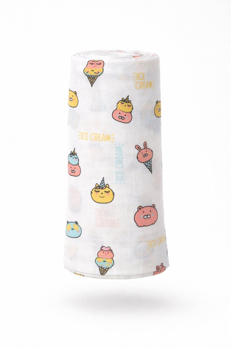 Pack of 2 - Baby Muslin Swaddle Blanket - Soft Cotton Breathable Wrap, Ice Cream & Cute Animals Print - White (100x100 cm) - Image 2