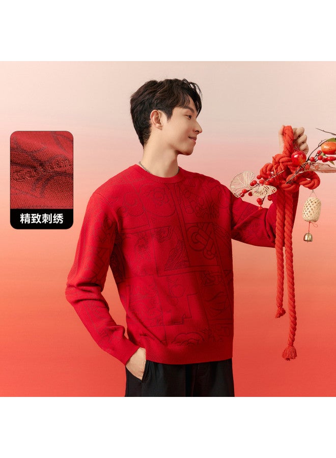 Cabbeen Men's Sweater New Year Red Chinese Style Trendy Couple Knitwear Spring And Autumn Long Sleeve Sweater - Image 2