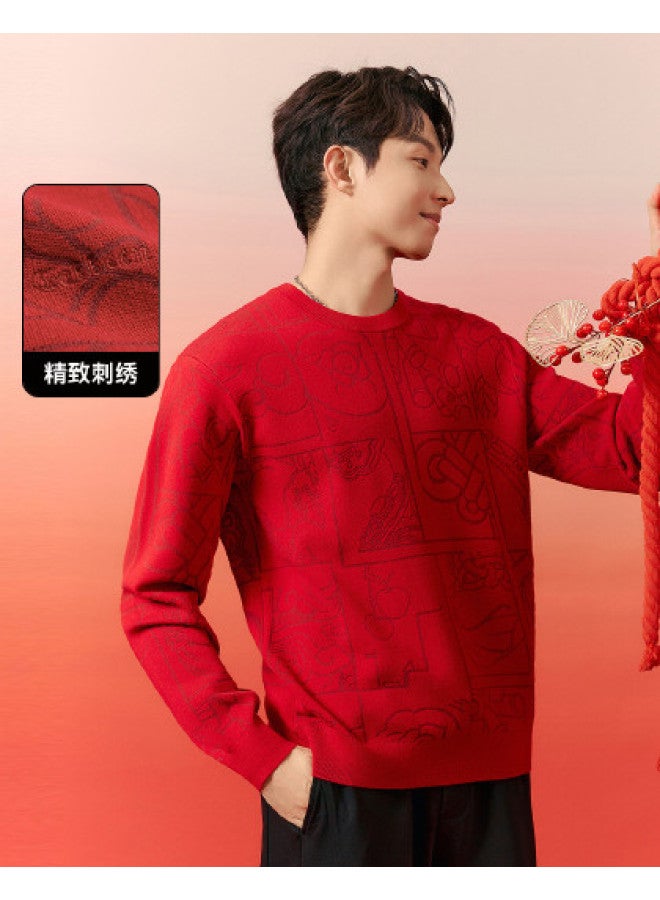 Cabbeen Men's Sweater New Year Red Chinese Style Trendy Couple Knitwear Spring And Autumn Long Sleeve Sweater - Image 1