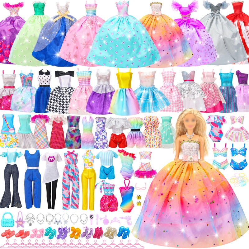 Style Shine 70 Pcs Doll Clothes and Accessories,2 Wedding Gown 6 Fashion Dresses 2 Set Casual Outfits 1 Top 1 Pant Bikini 1 Swimsuit,20 Hanger 10 Shoe 27 Accessories Toys for Girls Kids Birthday Gift - Image 1