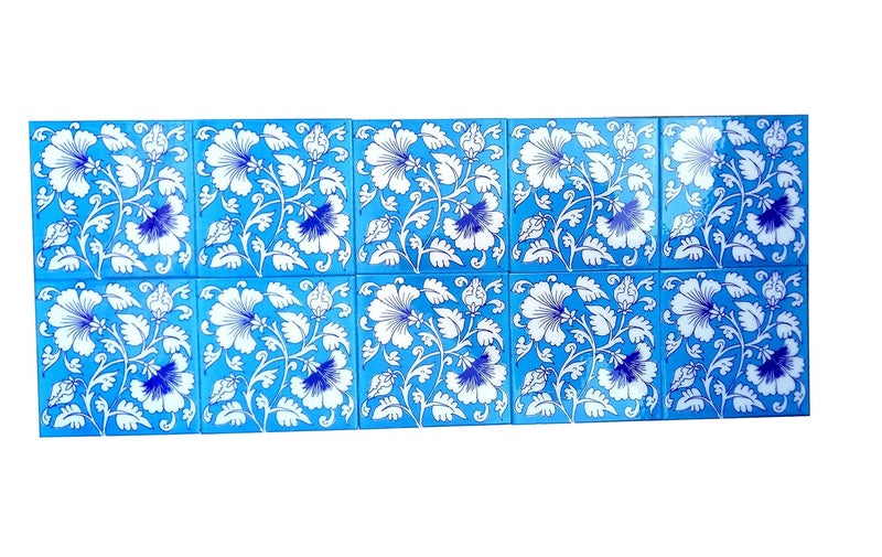 Shiv Kripa Blue Pottery Shiv Kripa Blue Pottery Home Decor Tile Ceramic High Lighter Wall Bathroom Tiles 6 x 6 Inch Set of 10 Tiles Sky Blue Multi 