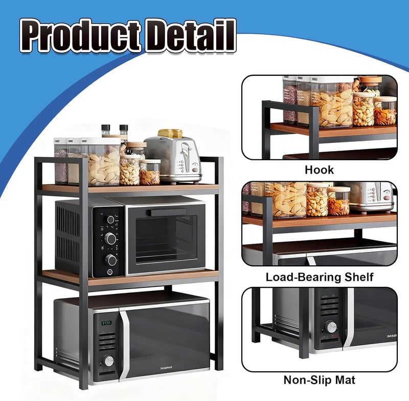 U HOOME 3 Tier Microwave Oven Rack,Microwave Oven Stand with 6 Hook for Kitchen Storage Rack Utensils Tableware Storage Shelf,Micro Wave Shelf Countertop Organizer Kitchen Stand Shelves Rack - Image 3