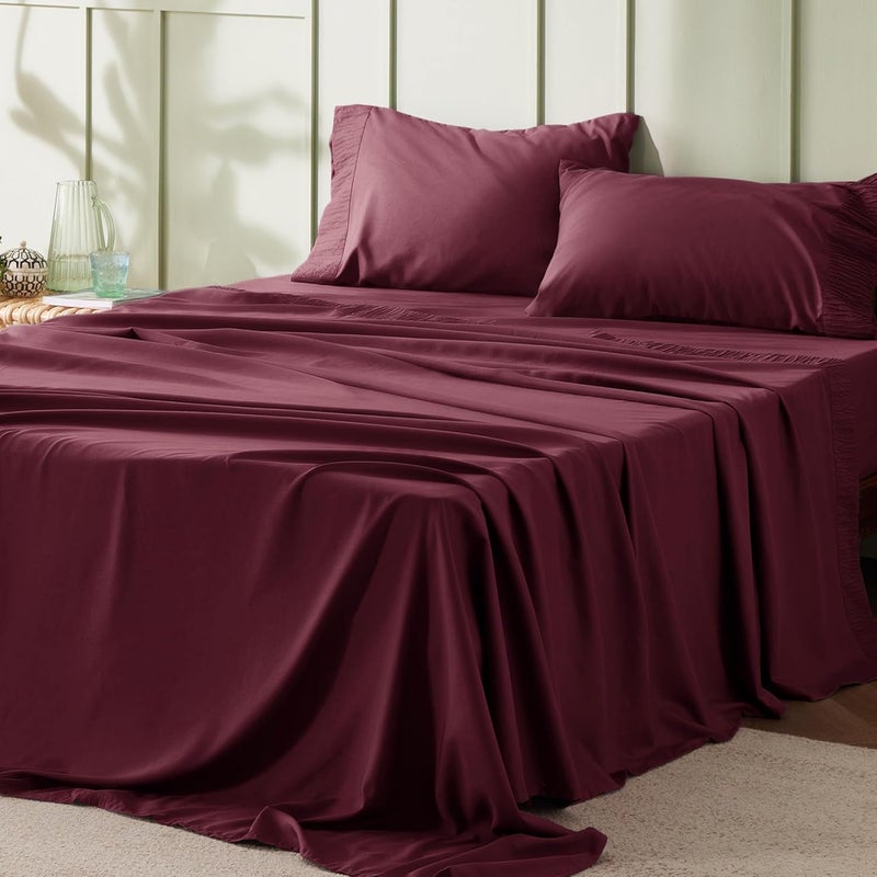 Bedsure King Size Sheets - Soft Sheets for King Size Bed, 4 Pieces Hotel Luxury Burgundy Sheets King, Easy Care Polyester Microfiber Cooling Bed Sheet Set - Image 1