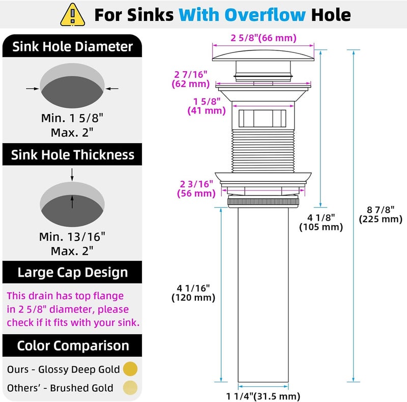 Angle Simple Bathroom Sink Drain Stopper Glossy Deep Gold Color, Brass Pop Up Sink Stopper with Overflow Hole for Sink with 1.61 to 2 Inches Drain Hole - Image 1