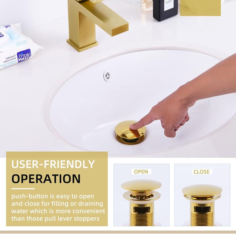 Angle Simple Bathroom Sink Drain Stopper Glossy Deep Gold Color, Brass Pop Up Sink Stopper with Overflow Hole for Sink with 1.61 to 2 Inches Drain Hole - Image 3