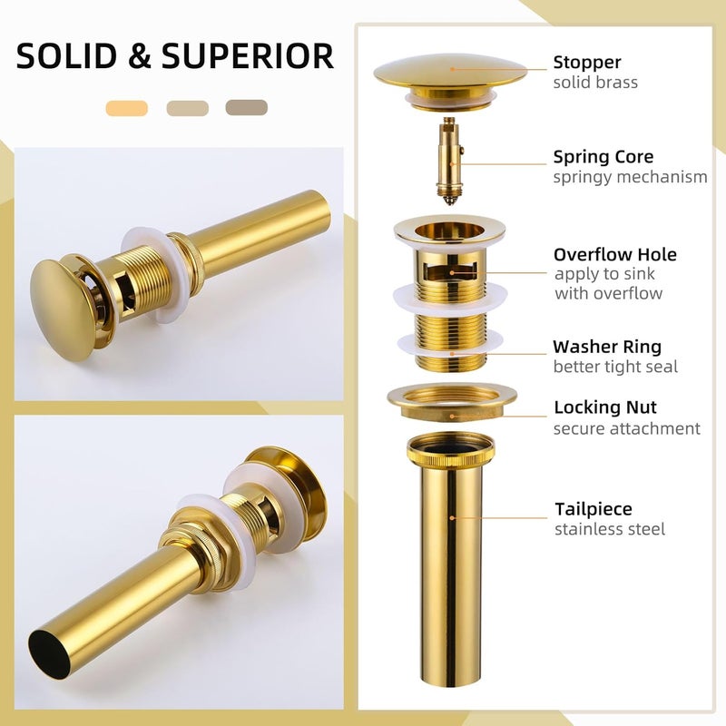 Angle Simple Bathroom Sink Drain Stopper Glossy Deep Gold Color, Brass Pop Up Sink Stopper with Overflow Hole for Sink with 1.61 to 2 Inches Drain Hole - Image 5