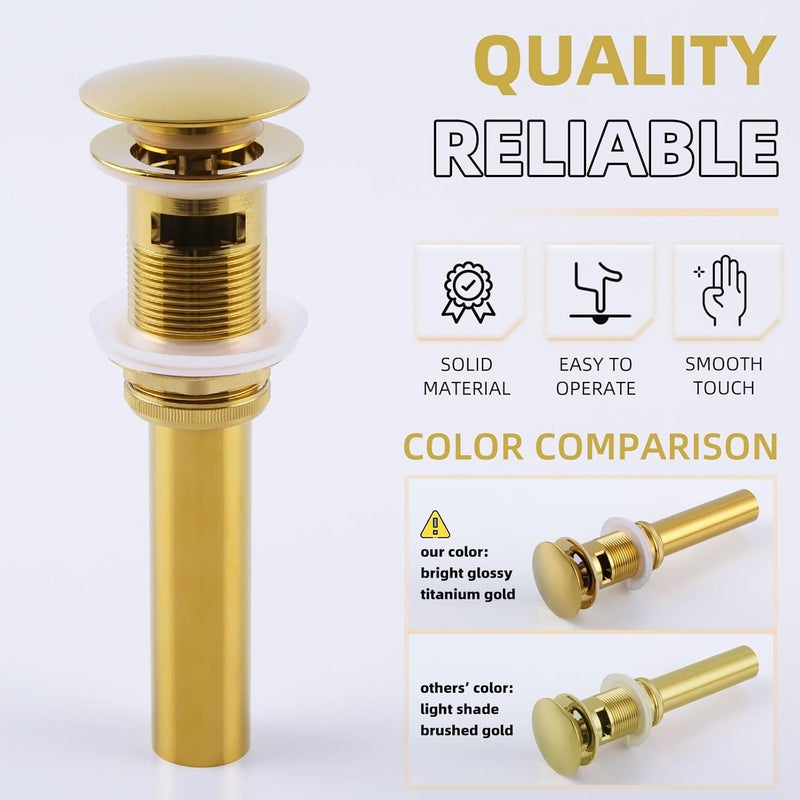 Angle Simple Bathroom Sink Drain Stopper Glossy Deep Gold Color, Brass Pop Up Sink Stopper with Overflow Hole for Sink with 1.61 to 2 Inches Drain Hole - Image 4