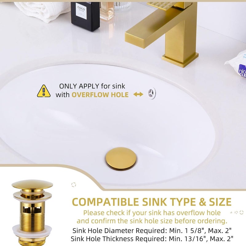 Angle Simple Bathroom Sink Drain Stopper Glossy Deep Gold Color, Brass Pop Up Sink Stopper with Overflow Hole for Sink with 1.61 to 2 Inches Drain Hole - Image 2