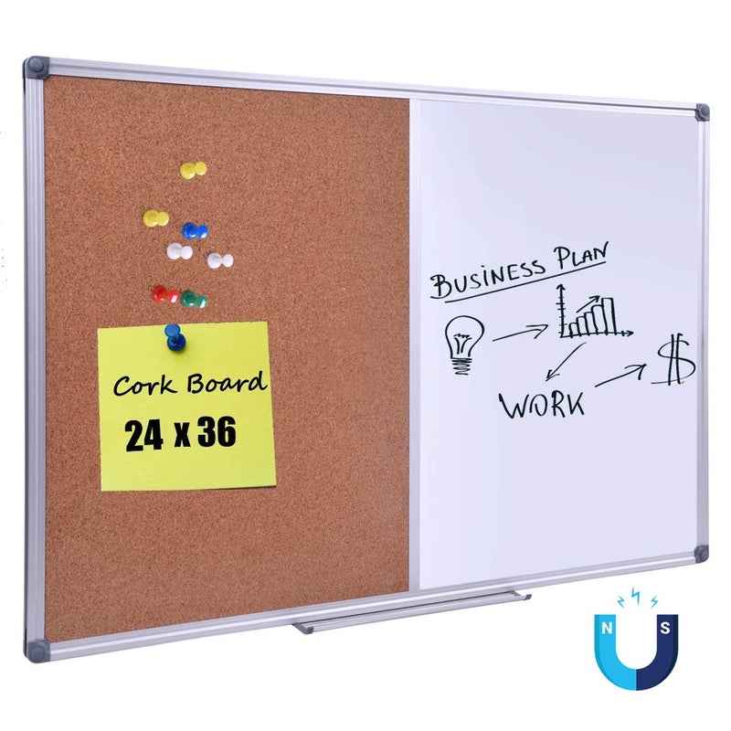 DexBoard 36 x 24 Cork Dry Erase Board Magnetic Whiteboard Bulletin Board Combo Wall Mount or Hanging for OfficeClassroomHome Silver Frame