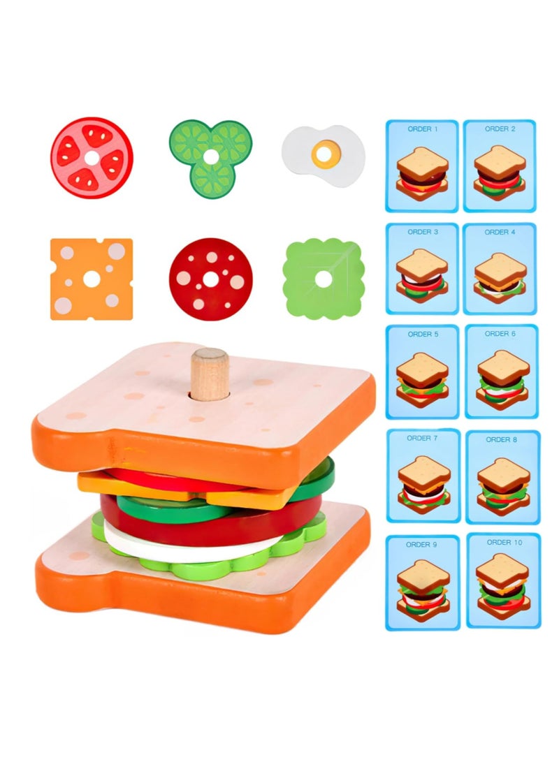 Wooden Sandwich Stacking Toy for Kids, Pretend Food Toy for Toddlers, Montessori Toys for 3 Year Olds, Preschool Educational Toys for Developing Fine Motor Skills (Sandwich) - Image 1
