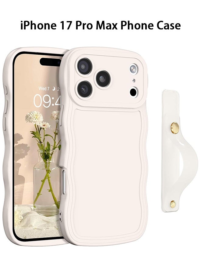 دبليو أف أف أو متوافق مع غطاء iPhone 17 Pro Max - مع حزام معصم، غطاء هاتف بحافة متموجة شكل جذاب ومجعد مع حزام معصم قابل للتعديل وحامل مدمج مقاوم للصدمات ومنع الانزلاق لهاتف iPhone 17 Pro Max - أبيض عتيق - Image 1
