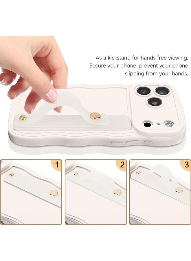 دبليو أف أف أو متوافق مع غطاء iPhone 17 Pro Max - مع حزام معصم، غطاء هاتف بحافة متموجة شكل جذاب ومجعد مع حزام معصم قابل للتعديل وحامل مدمج مقاوم للصدمات ومنع الانزلاق لهاتف iPhone 17 Pro Max - أبيض عتيق - Image 5