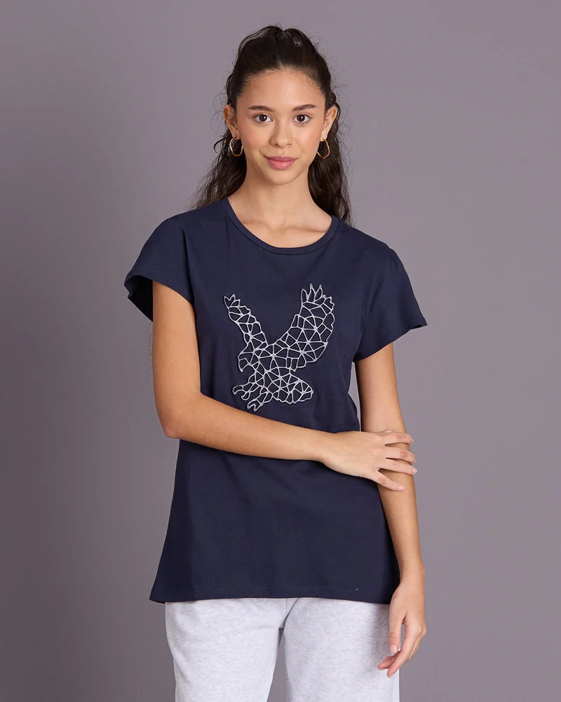 REDTAG Senior Girls Navy Printed T-Shirt