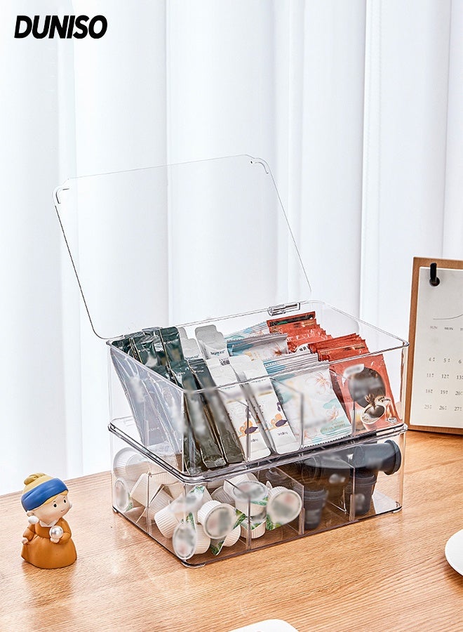 DUNISO 2 Pcs Tea Bag Organizer,Clear Plastic Tea Storage Box with Lid,Stackable Tea Bag Holder,Durable and Detachable,for Cabinet Pantry Counter Countertop,8 Compartments,27.3*19.5*9.5cm - Image 1