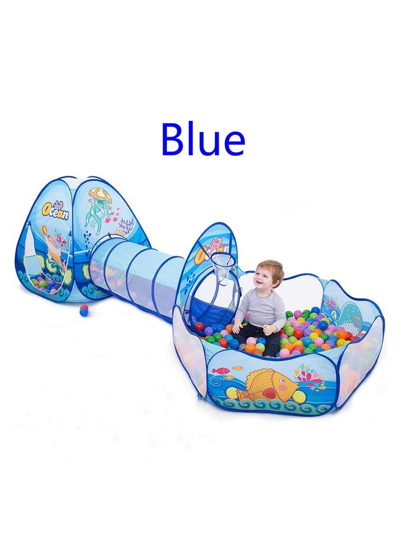 LIXADA 3-In-1 Pop Up Foldable Portable Indoor Outdoor Play Tent House With Tunnel And Ball Pool For Children (Blue) （Balls are not included) - Image 1
