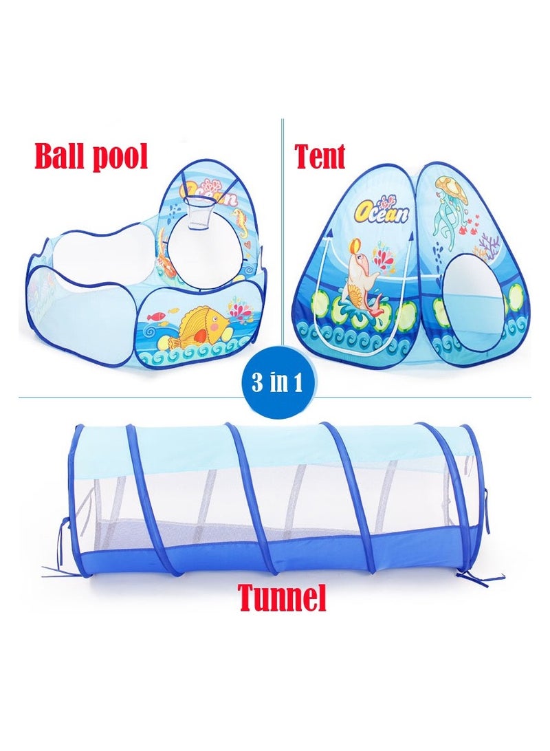 LIXADA 3-In-1 Pop Up Foldable Portable Indoor Outdoor Play Tent House With Tunnel And Ball Pool For Children (Blue) （Balls are not included) - Image 3
