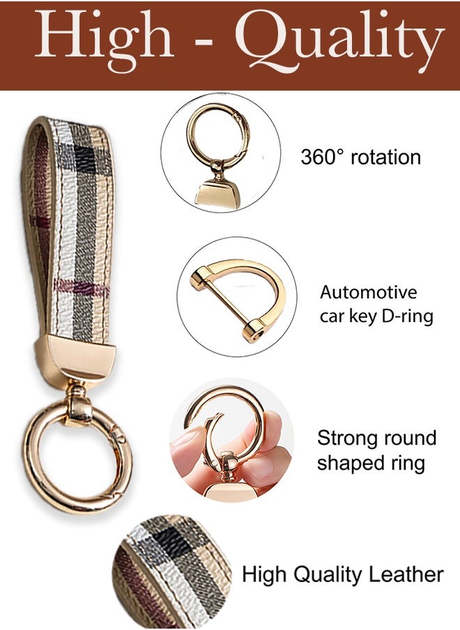 KeyAmor - Elegant metal and plaid leather keychain set with a fluffy faux fur pom-pom and Mickey charm. Stylish keychain for women, featuring golden accents and multiple key rings for functionality. Includes a plaid leather strap and matching accessories, making it a perfect gift choice. - Image 1