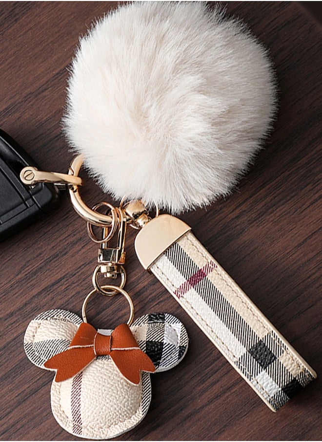 KeyAmor - Elegant metal and plaid leather keychain set with a fluffy faux fur pom-pom and Mickey charm. Stylish keychain for women, featuring golden accents and multiple key rings for functionality. Includes a plaid leather strap and matching accessories, making it a perfect gift choice. - Image 1