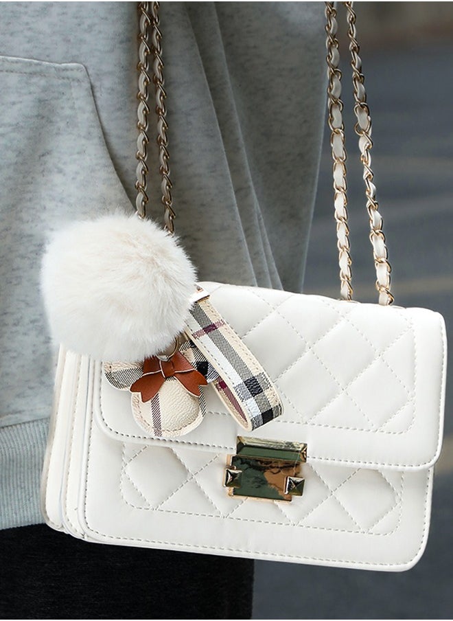 KeyAmor - Elegant metal and plaid leather keychain set with a fluffy faux fur pom-pom and Mickey charm. Stylish keychain for women, featuring golden accents and multiple key rings for functionality. Includes a plaid leather strap and matching accessories, making it a perfect gift choice. - Image 1